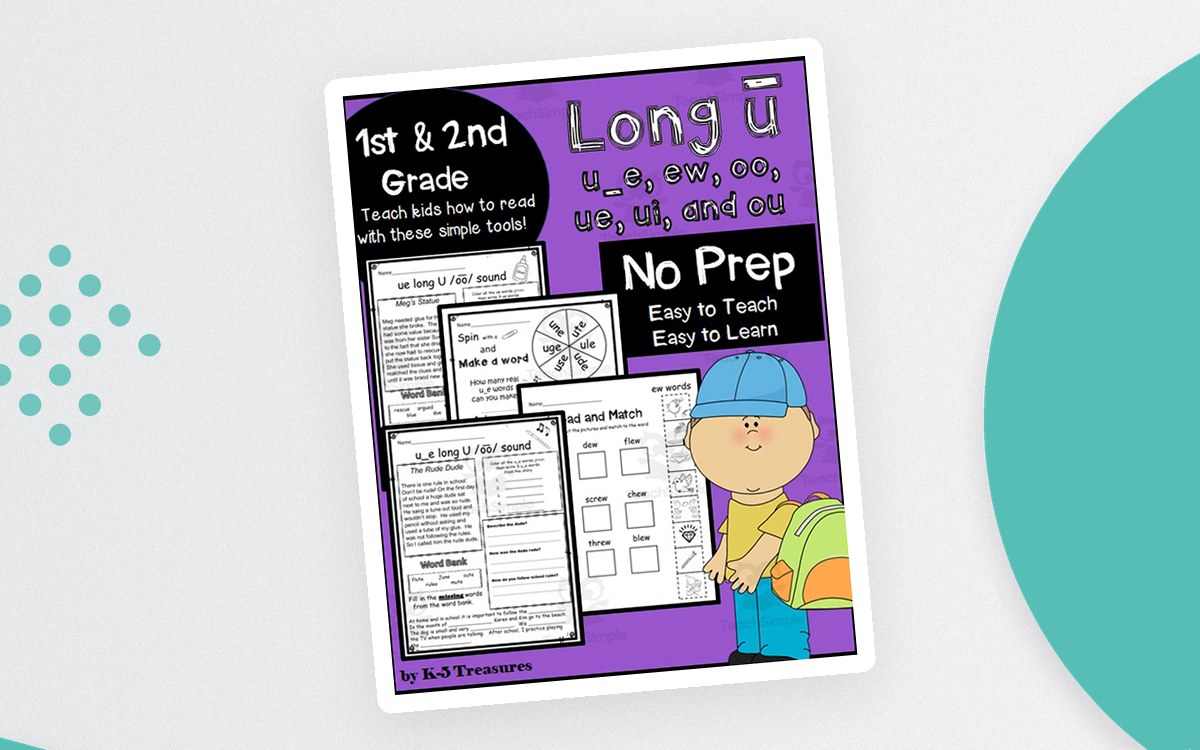 Long U phonics-unit cover listing u_e, ew, oo, ou, u, ui, and ue with worksheet previews.