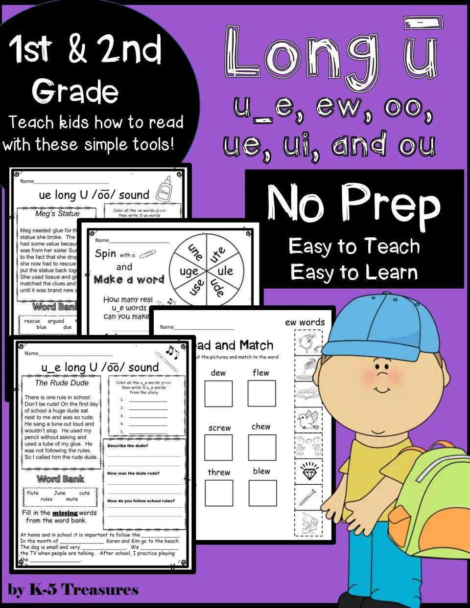 Long U cover showing u_e, ew, oo, ue, ui and ou spellings with sample story, spinner and read-and-match pages