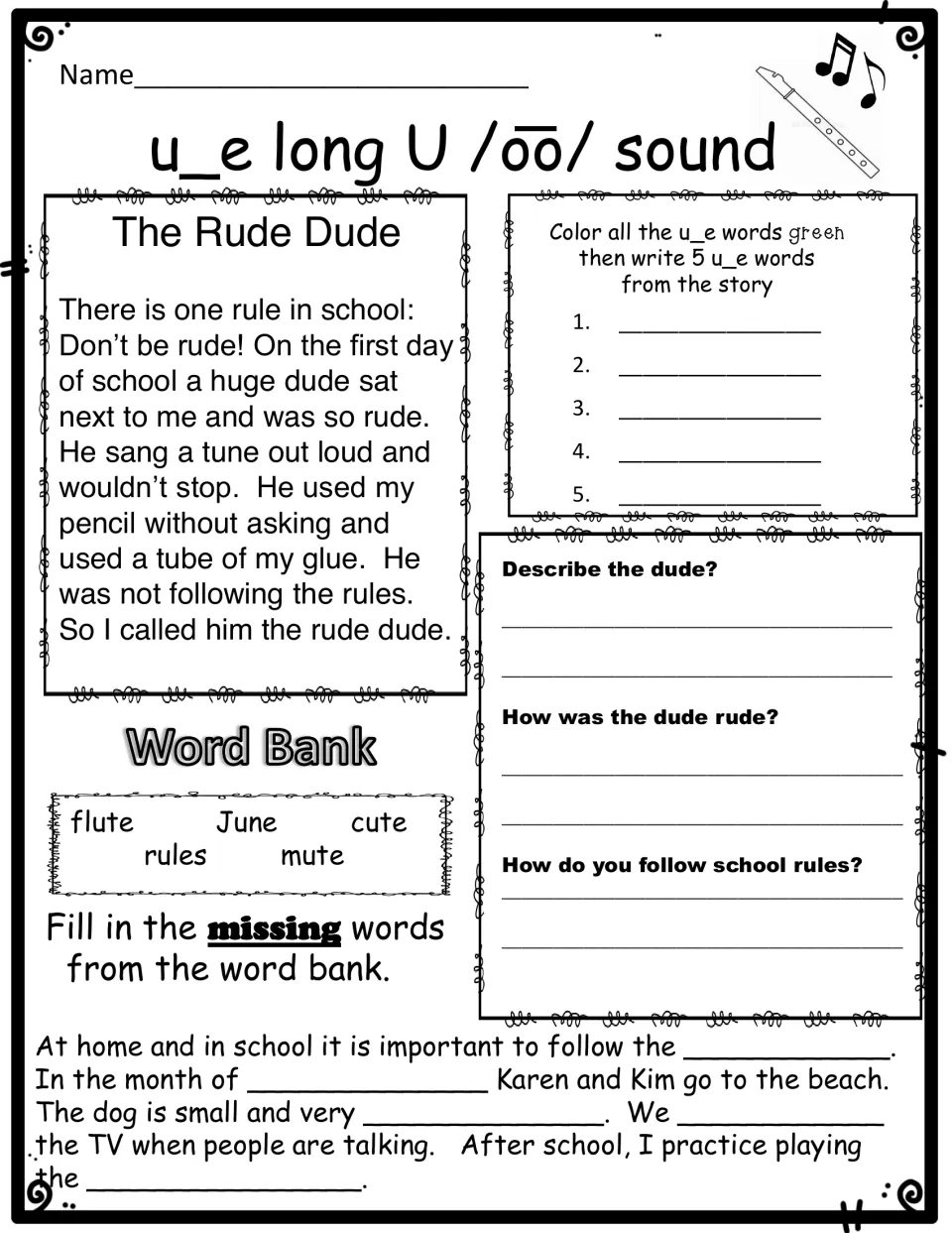 u_e story The Rude Dude: students color u_e words green, write five, answer questions and fill blanks from a word bank