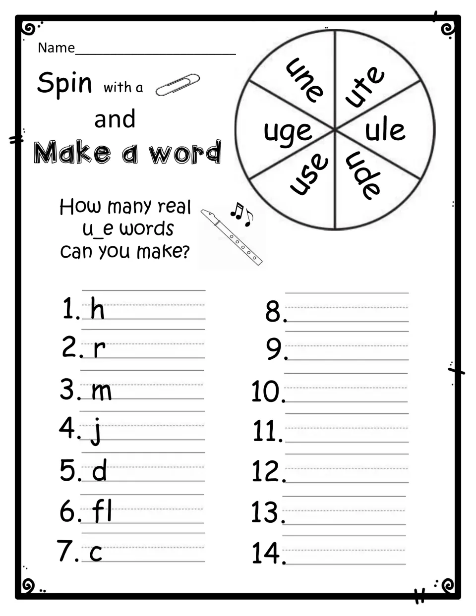 Spin and make a word: students spin a paper clip on une, ute, uge, ule, use and ude endings to build real u_e words