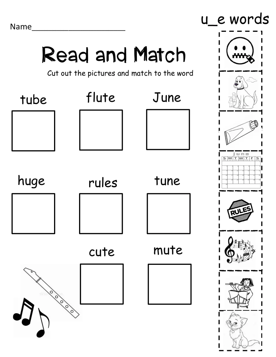 Read and match: students cut out eight pictures such as a tube, calendar and kitten and glue each under its u_e word