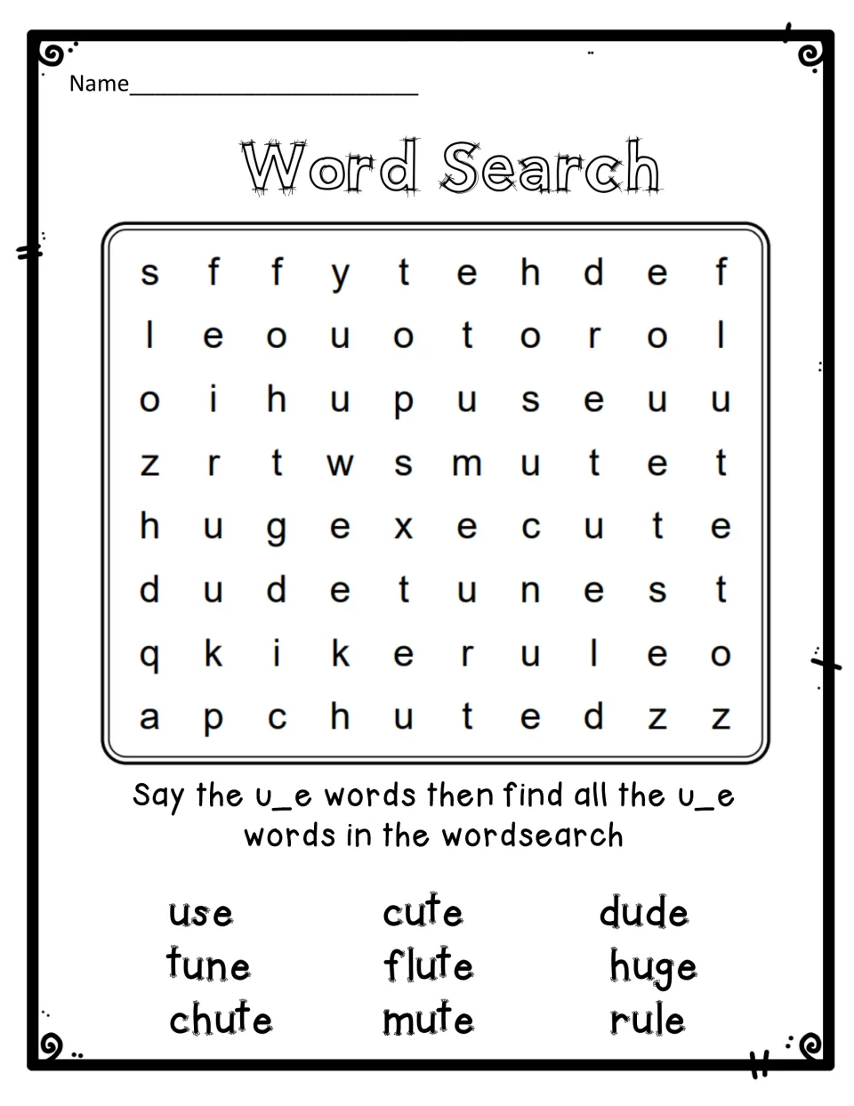 Word search: students say nine u_e words, including chute, flute and huge, then find each hidden in the letter puzzle
