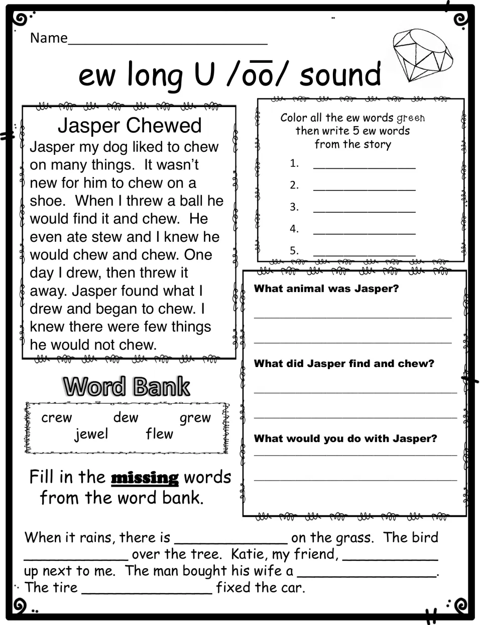 ew passage Jasper Chewed: students color ew words, list five, answer three questions and fill blanks with crew, dew, flew