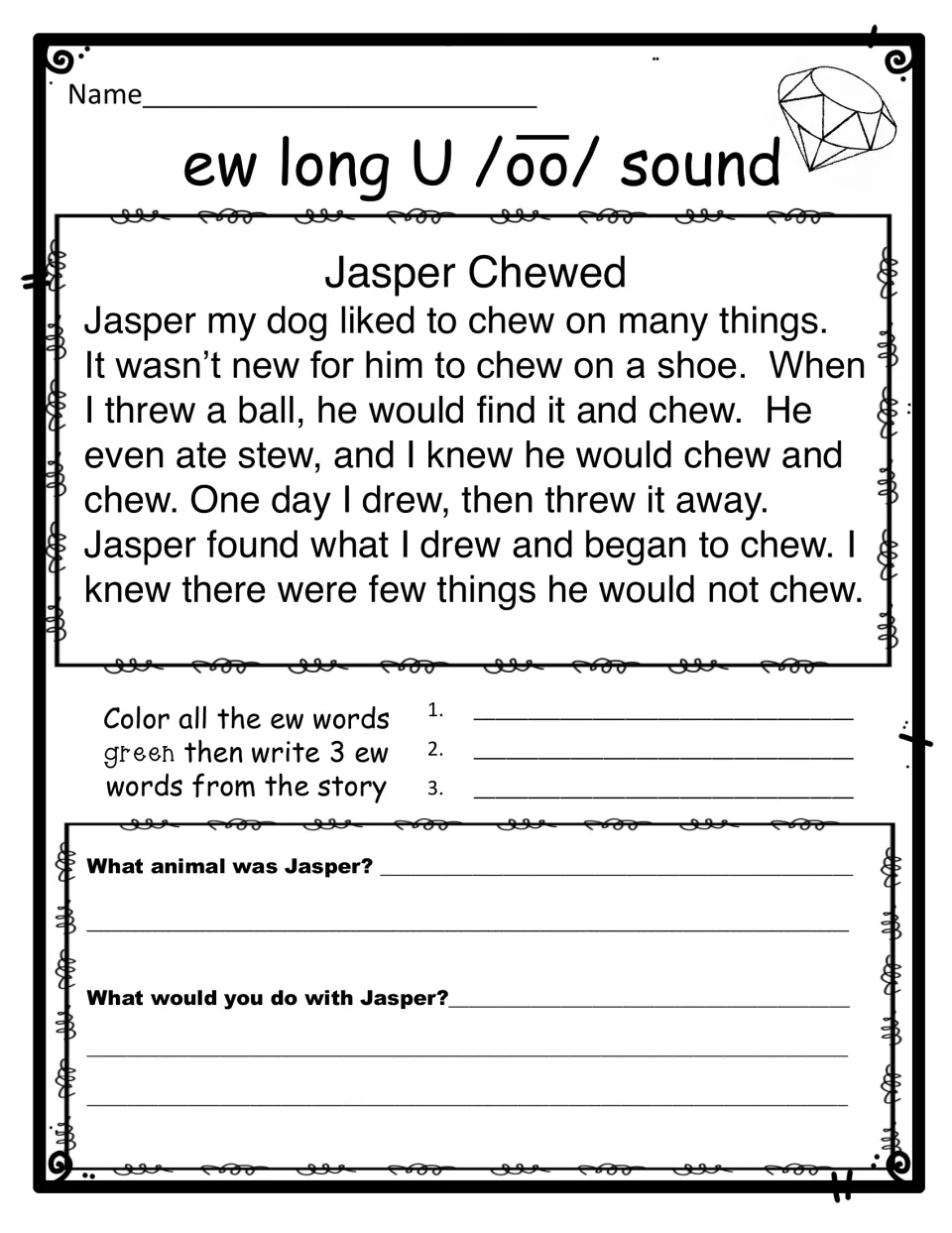 Short Jasper Chewed version: students color ew words, list three from the passage and answer two questions about Jasper