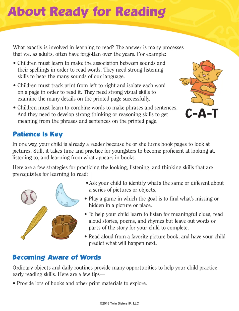 Reading readiness guidance explains sound-spelling connections, tracking print, and listening practice