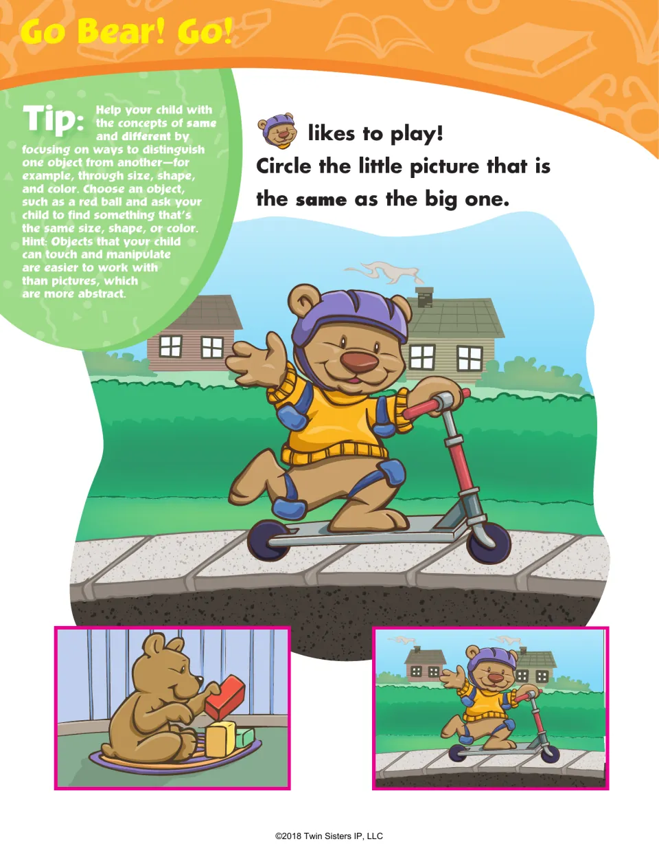 Go Bear! Go! matching activity asks children to circle the small picture matching the bear on a scooter