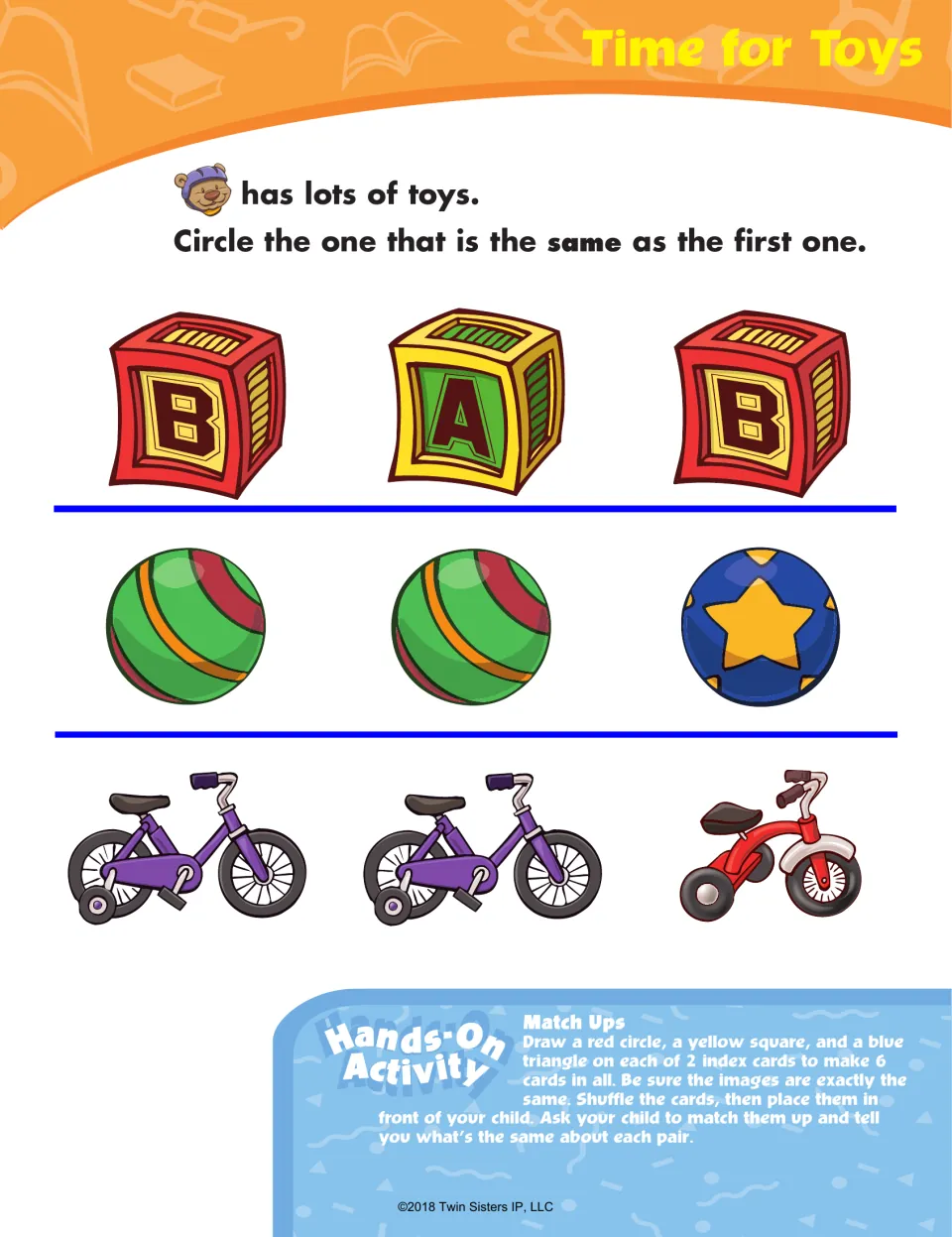 Time for Toys matching activity asks children to circle matching blocks, balls, and bikes in three sets