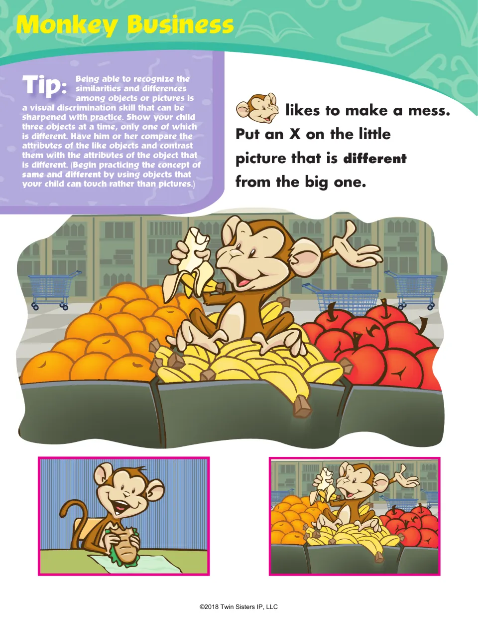 Monkey Business activity asks children to mark the small scene different from the monkey eating a banana