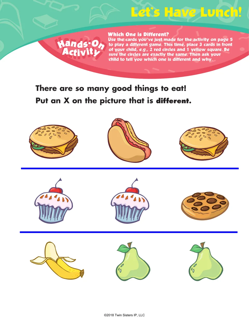 Let's Have Lunch! activity asks children to mark the different food in sets of sandwiches, treats, and fruit
