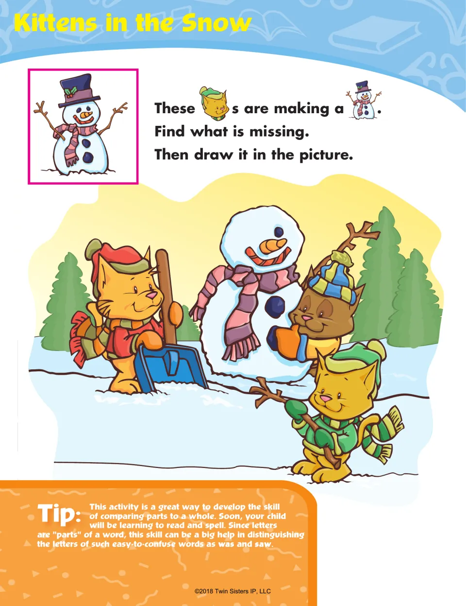 Kittens in the Snow activity asks children to compare snowmen and draw missing parts in the larger scene