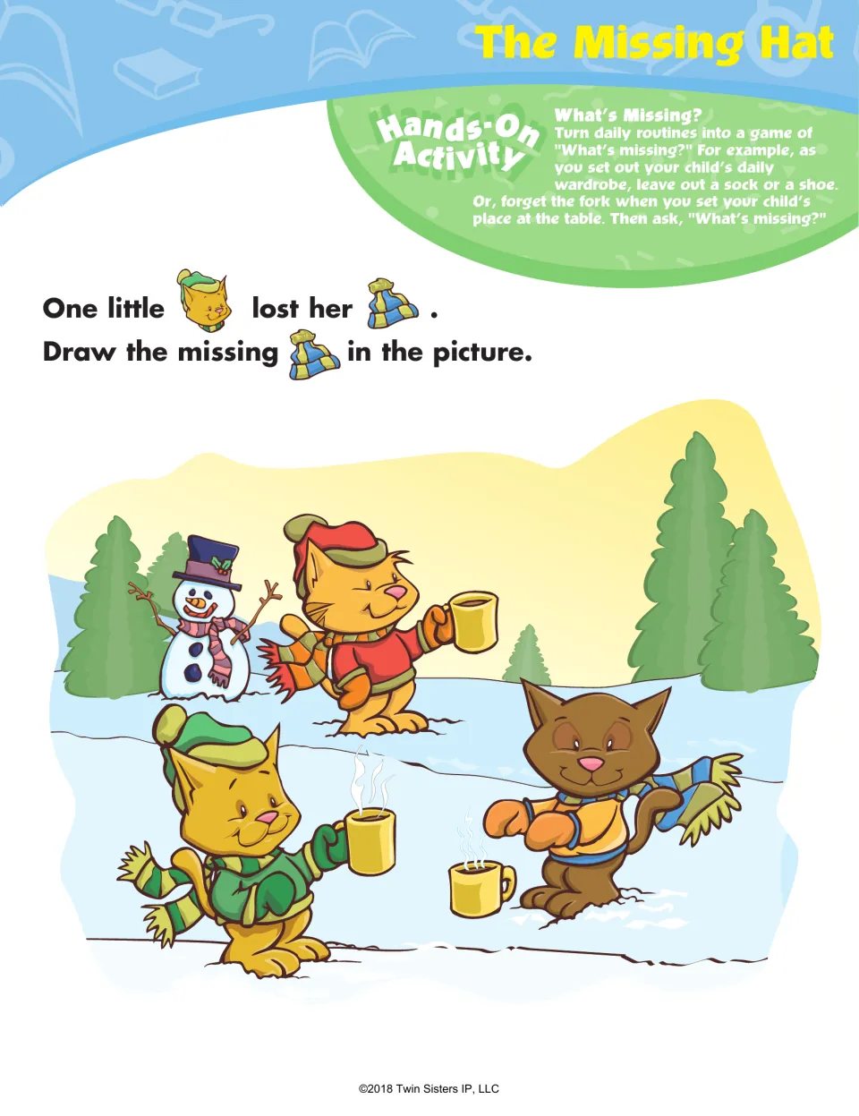 The Missing Hat activity asks children to draw a winter hat on the kitten whose head is bare in the snow