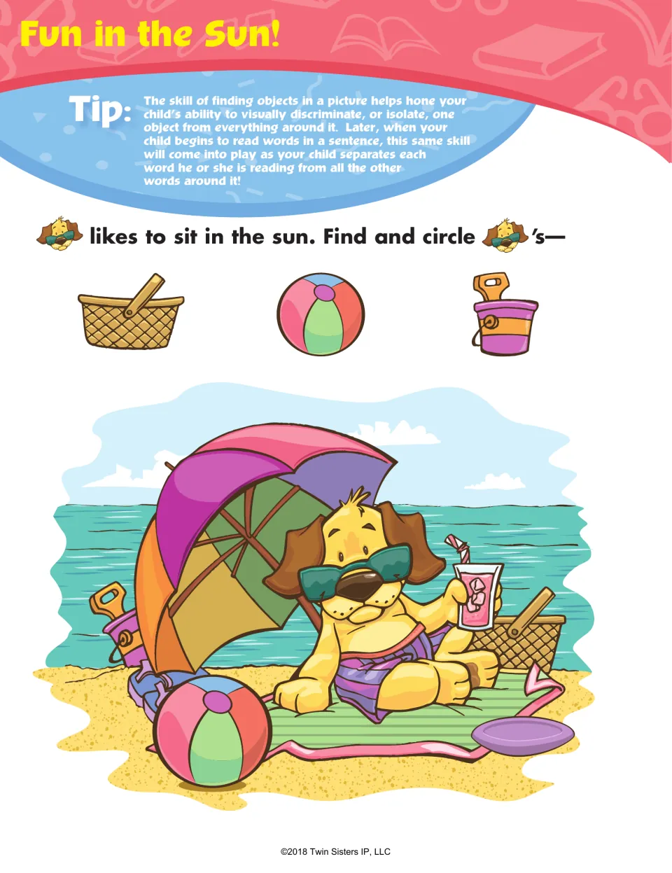 Fun in the Sun! activity asks children to find and circle a basket, beach ball, and bucket in a beach scene