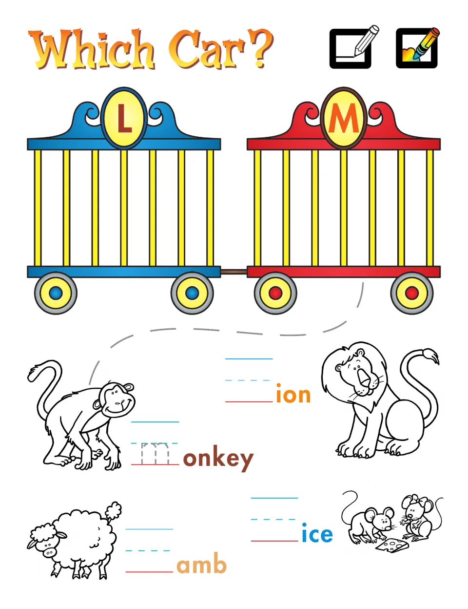 Beginning-sound matching activity for L and M: monkey, lion, lamb, and mice, with initial letters to write