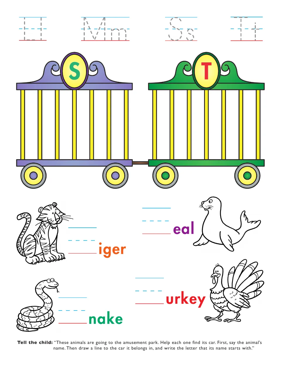 Beginning-sound matching activity for S and T: tiger, seal, snake, and turkey, plus L, M, S, and T tracing