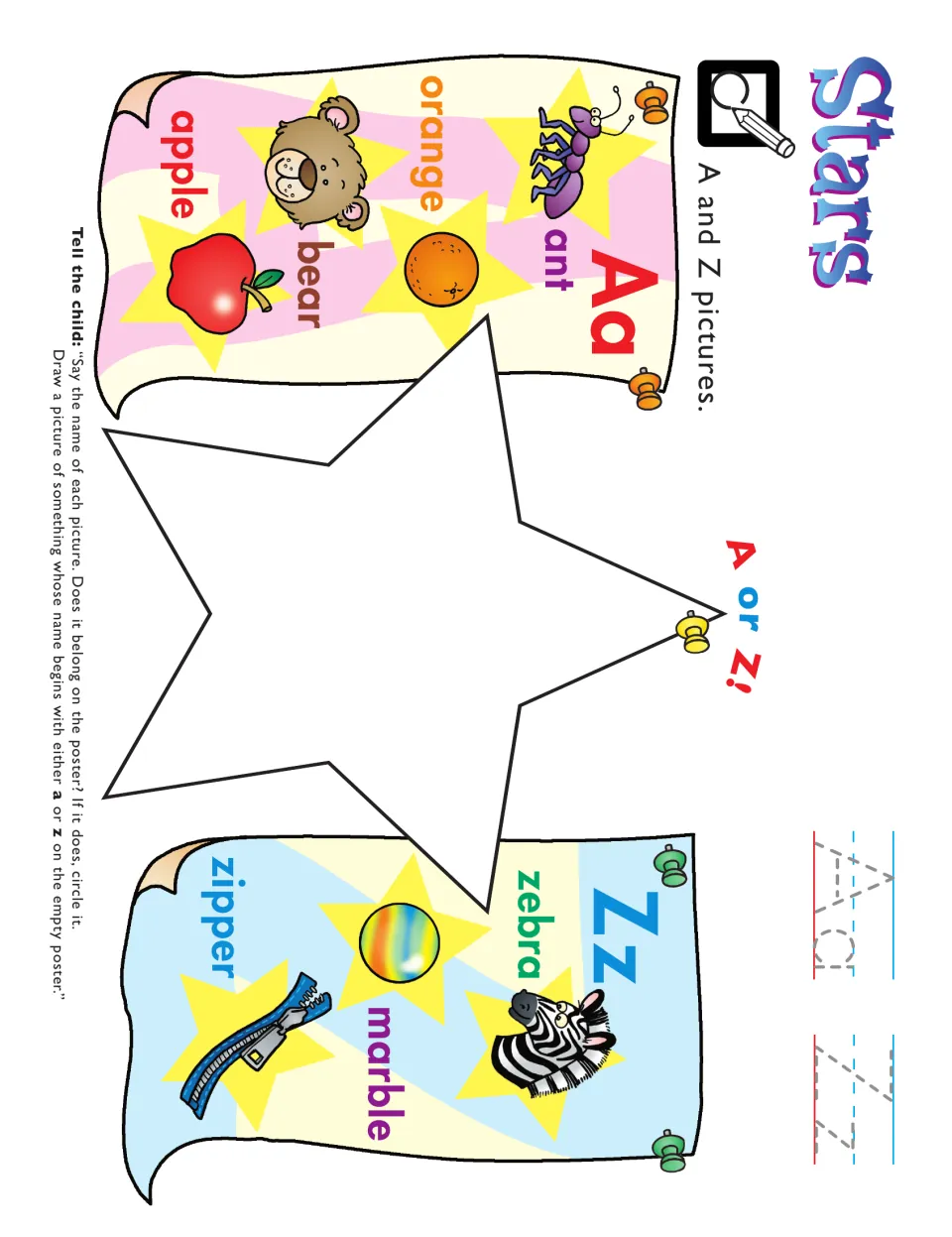 A and Z sound activity: circle matching pictures, trace Aa and Zz, and draw something beginning with a or z