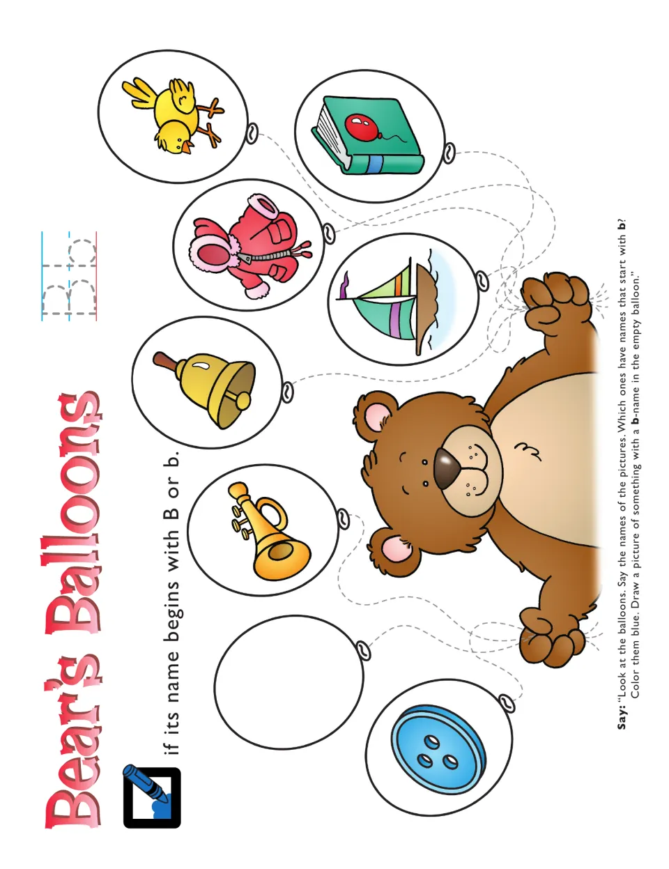B sound activity: color balloons showing B words blue, trace Bb, and draw another picture beginning with b
