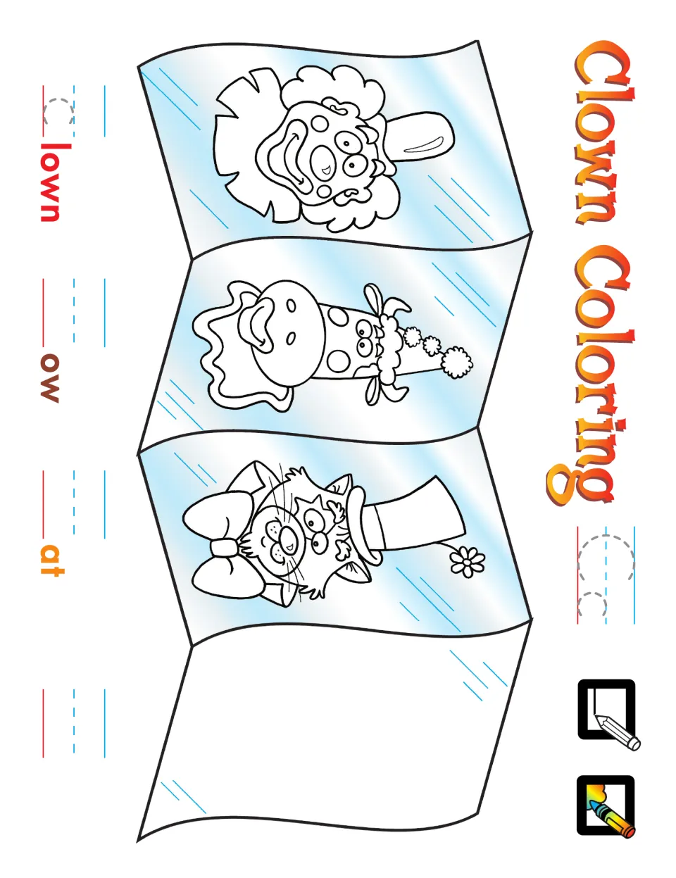 C sound coloring activity featuring a clown, cow, and cat, with Cc tracing and initial letters to complete