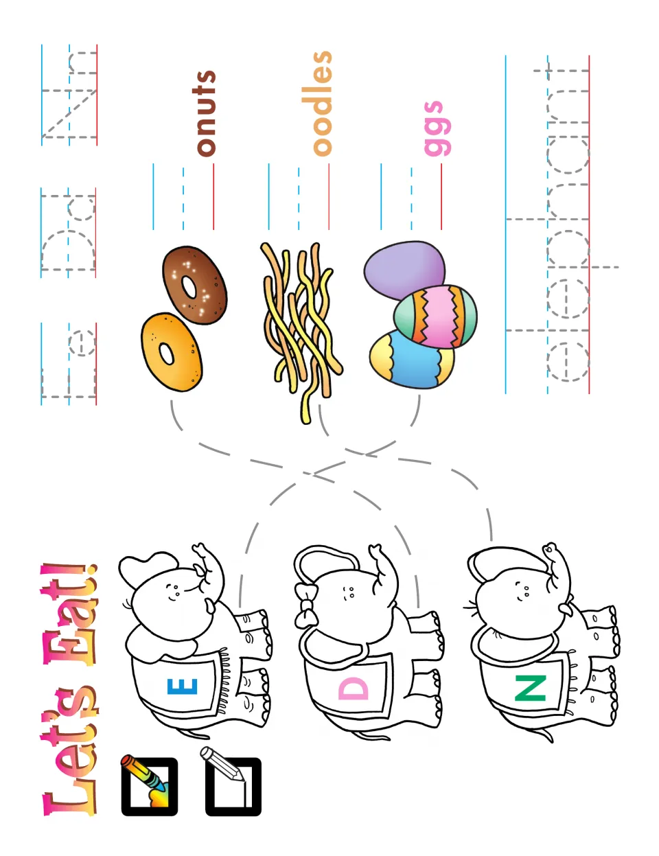 E, D, and N sound activity pairing elephants with eggs, donuts, and noodles, plus letter and word tracing