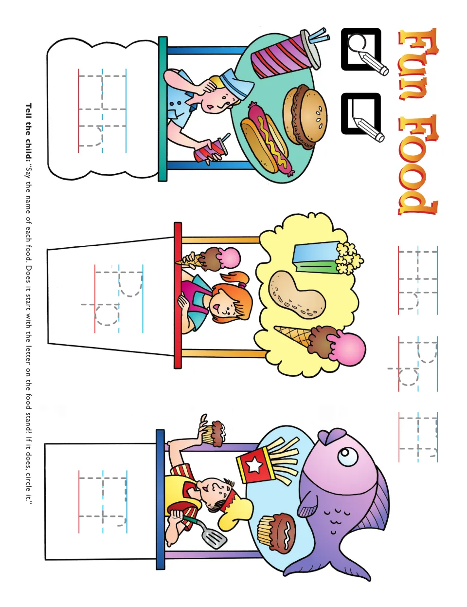 H, P, and F sound activity: circle foods matching each stand’s letter, with uppercase and lowercase tracing