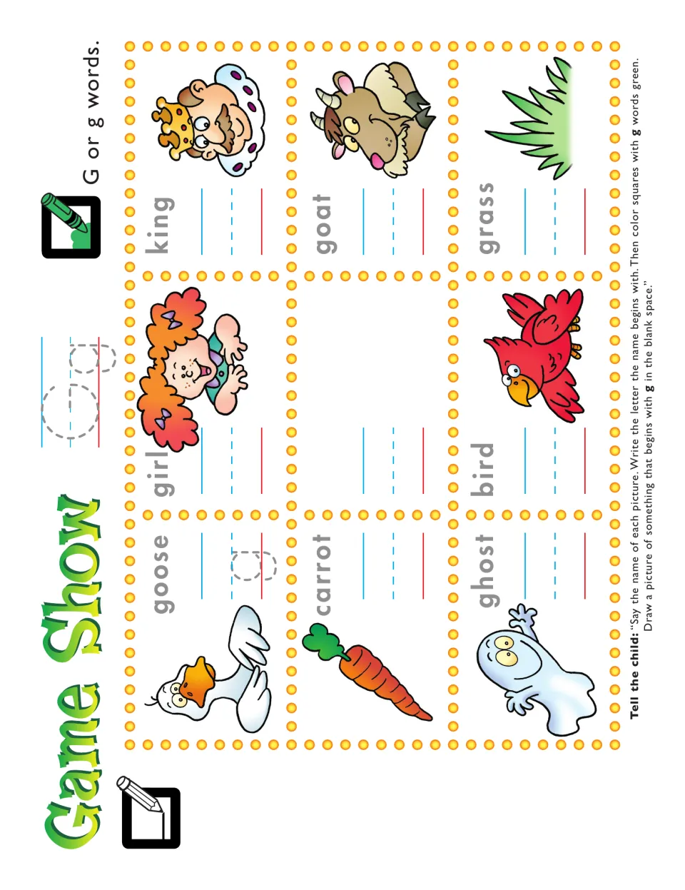 G sound activity: write picture names’ first letters, color G words green, and draw another G word picture