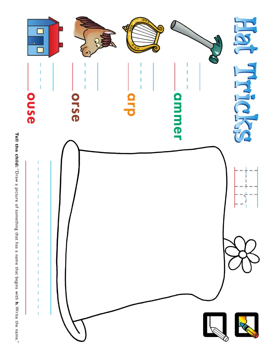 H sound activity: complete hammer, harp, horse, and house, trace Hh, then draw and name another H picture