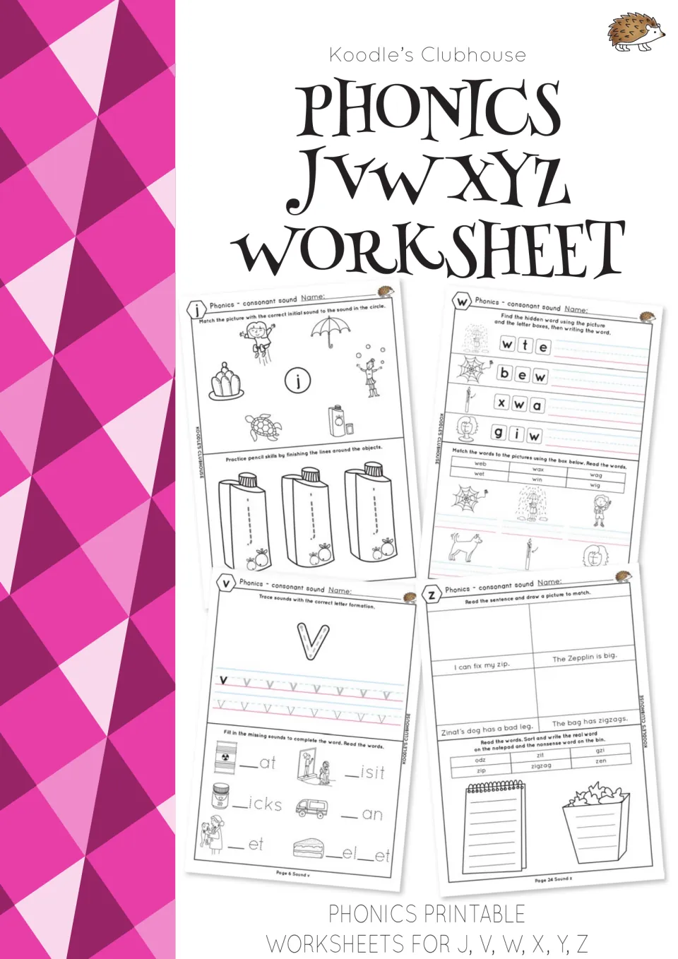Phonics JVWXYZ Worksheets cover showing sample activities for sound matching, tracing, spelling, and reading