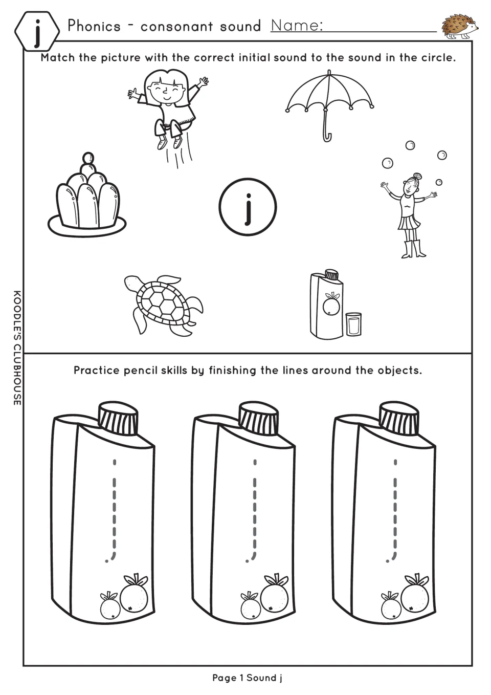 First j worksheet asks students to match initial sounds using pictures and trace dotted j shapes on juice cartons