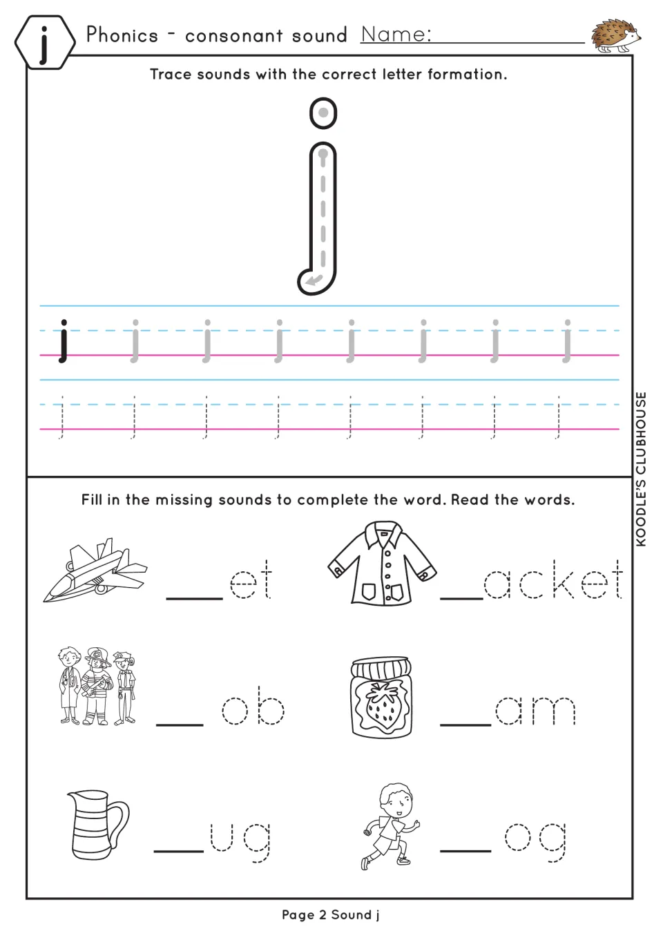 Second j worksheet practices lowercase j tracing and missing letters in jet, jacket, job, jam, jug, and jog