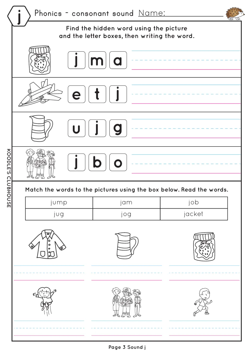 Third j worksheet unscrambles jam, jet, jug, and job, then matches six words to pictures, including jump