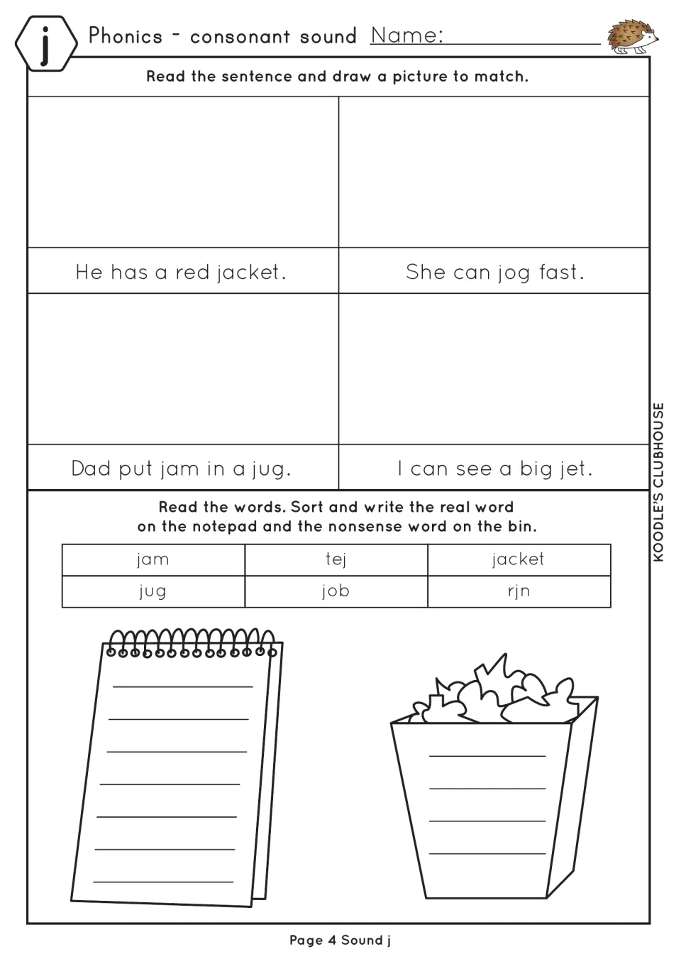 Fourth j worksheet asks students to read and draw four sentences, then sort jam, tej, jacket, jug, job, and rjn