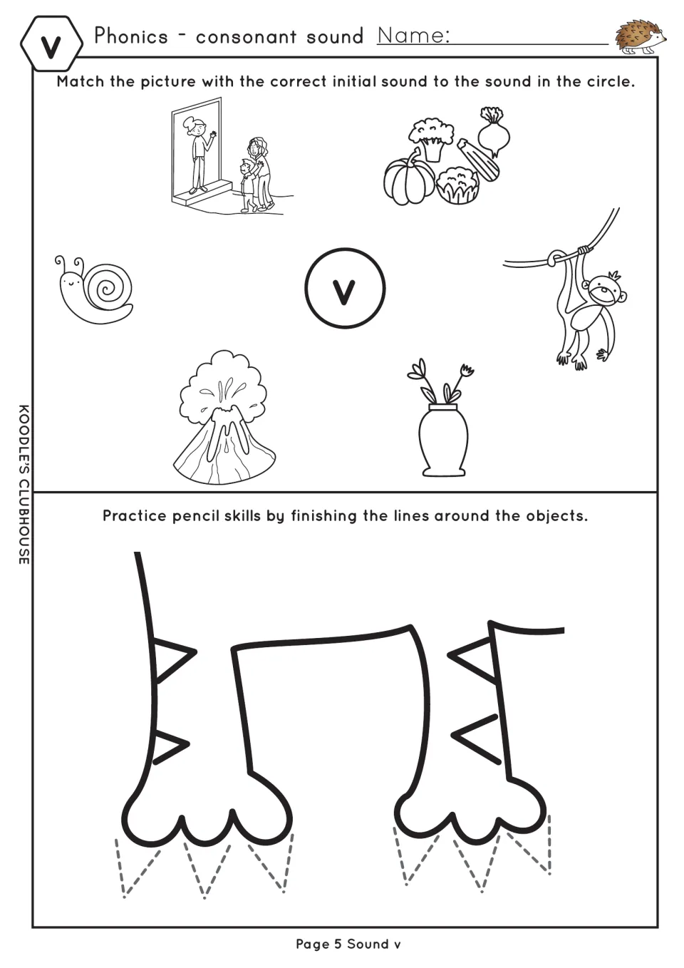 First v worksheet uses visit, vegetables, vine, volcano, vase, and snail pictures for sound matching and tracing