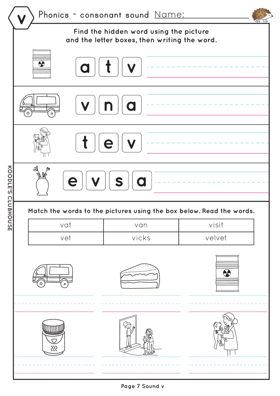 Third v worksheet unscrambles vat, van, vet, and vase, then matches pictures to words including visit and velvet