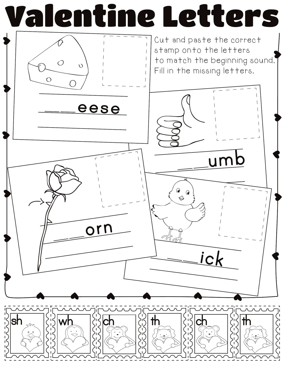 Valentine Letters digraphs: students paste sh, wh, ch or th stamps to finish cheese, thumb, thorn and chick