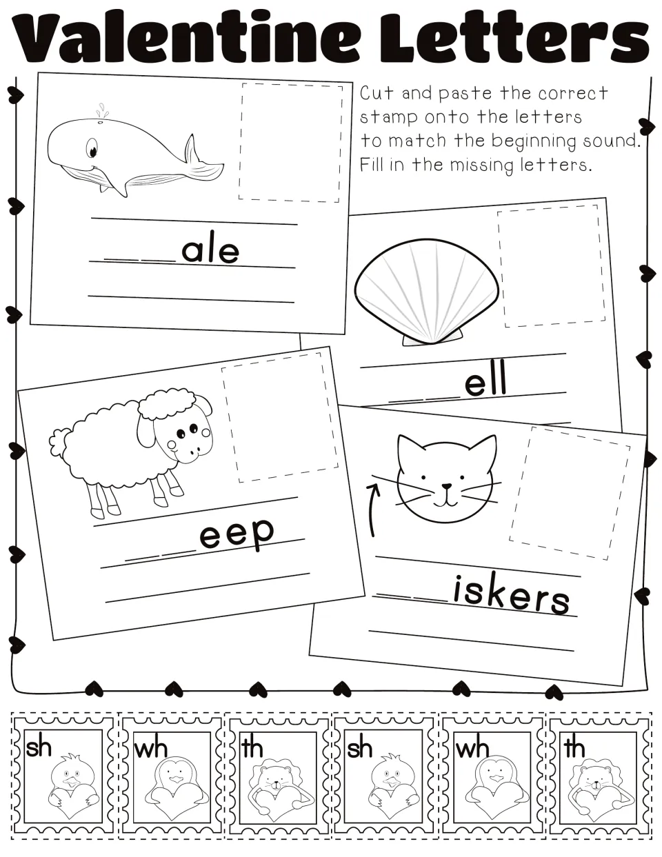 Valentine Letters digraphs: students glue sh, wh or th stamps and write the letters for whale, shell, sheep and whiskers