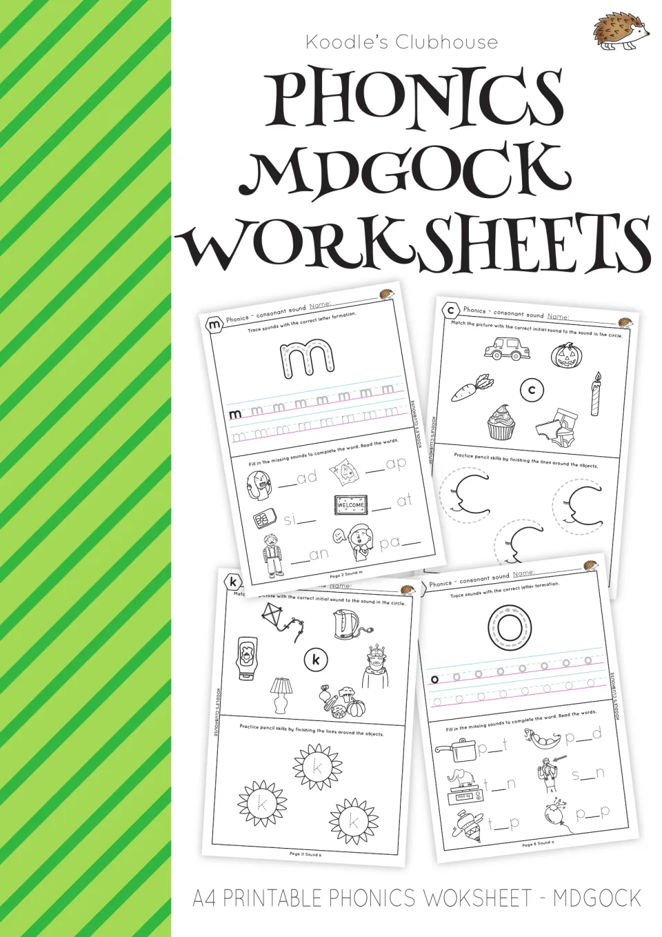 Cover for a Koodle's Clubhouse phonics set on m, d, g, o, c and k, showing sample tracing and picture-sound sheets