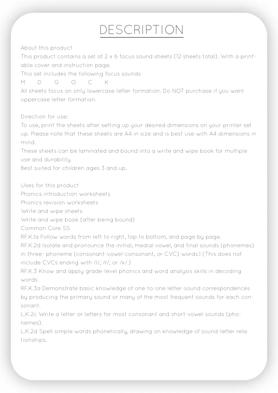 Product description listing six focus sounds, lowercase-only letter formation, A4 printing and write-and-wipe use