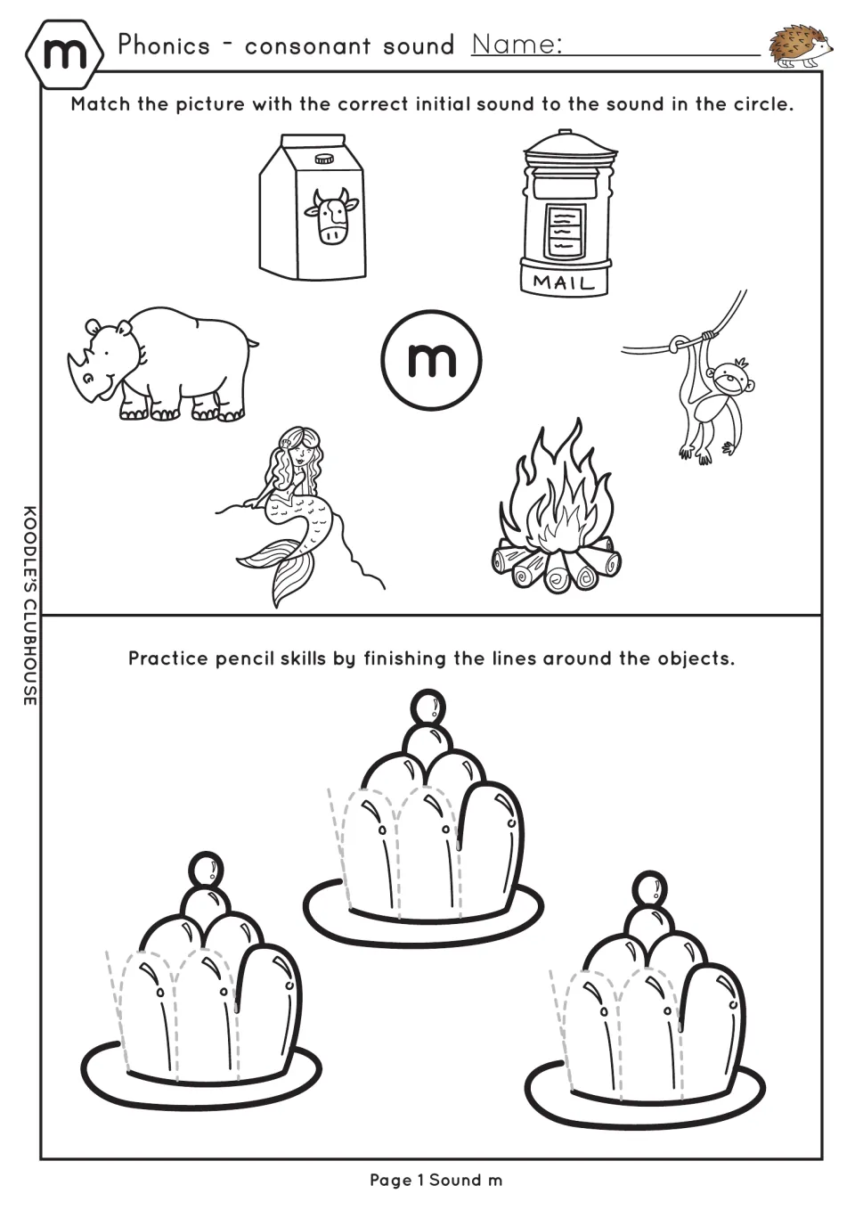Letter m sound: students match milk, mailbox, monkey and mermaid pictures to m, then trace lines around jelly desserts