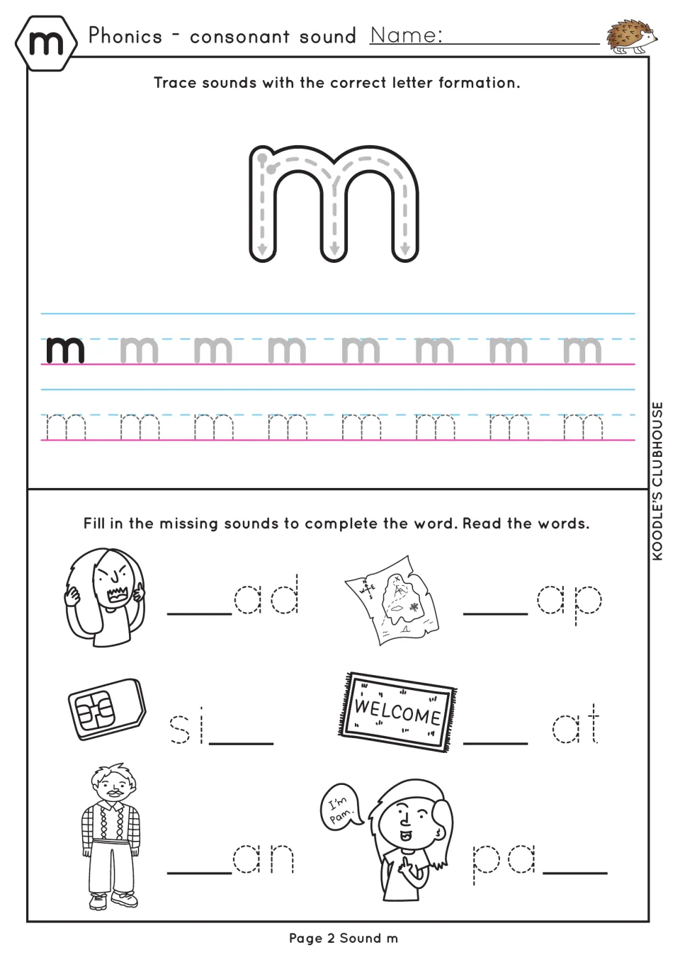Letter m formation: students trace lowercase m in rows, then add m to complete mad, map, sim, mat, man and Pam