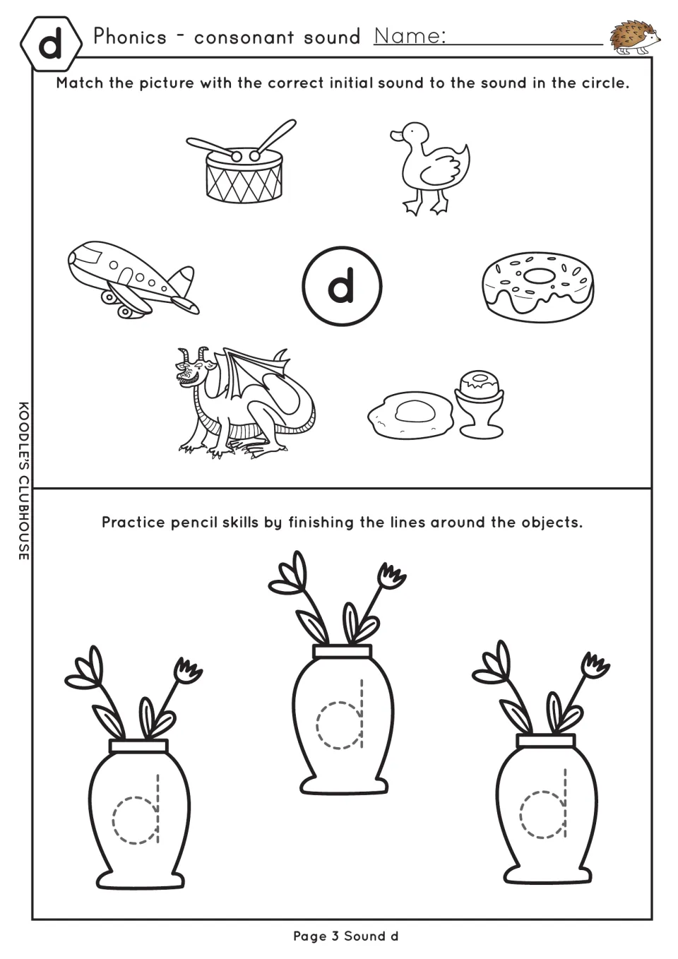 Letter d sound: students link drum, duck, donut and dragon pictures to d, then finish dotted d outlines on flower vases