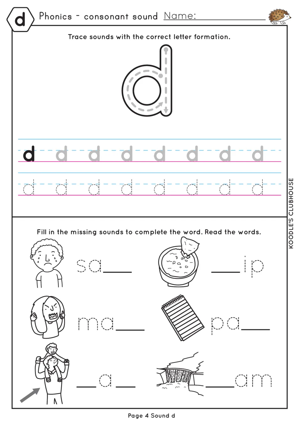 Letter d formation: students trace lowercase d, then write d to finish sad, dip, mad, pad, dad and dam