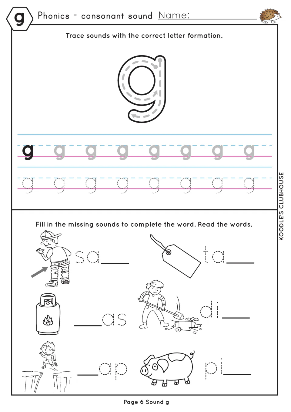 Letter g formation: students trace lowercase g, then fill in g for sag, tag, gas, dig, gap and pig