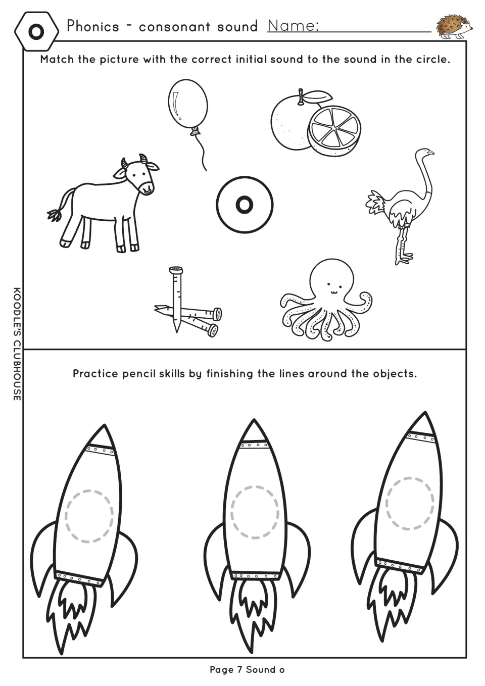 Letter o sound: students match octopus, ostrich, orange and ox pictures to o, then trace o shapes on three rockets