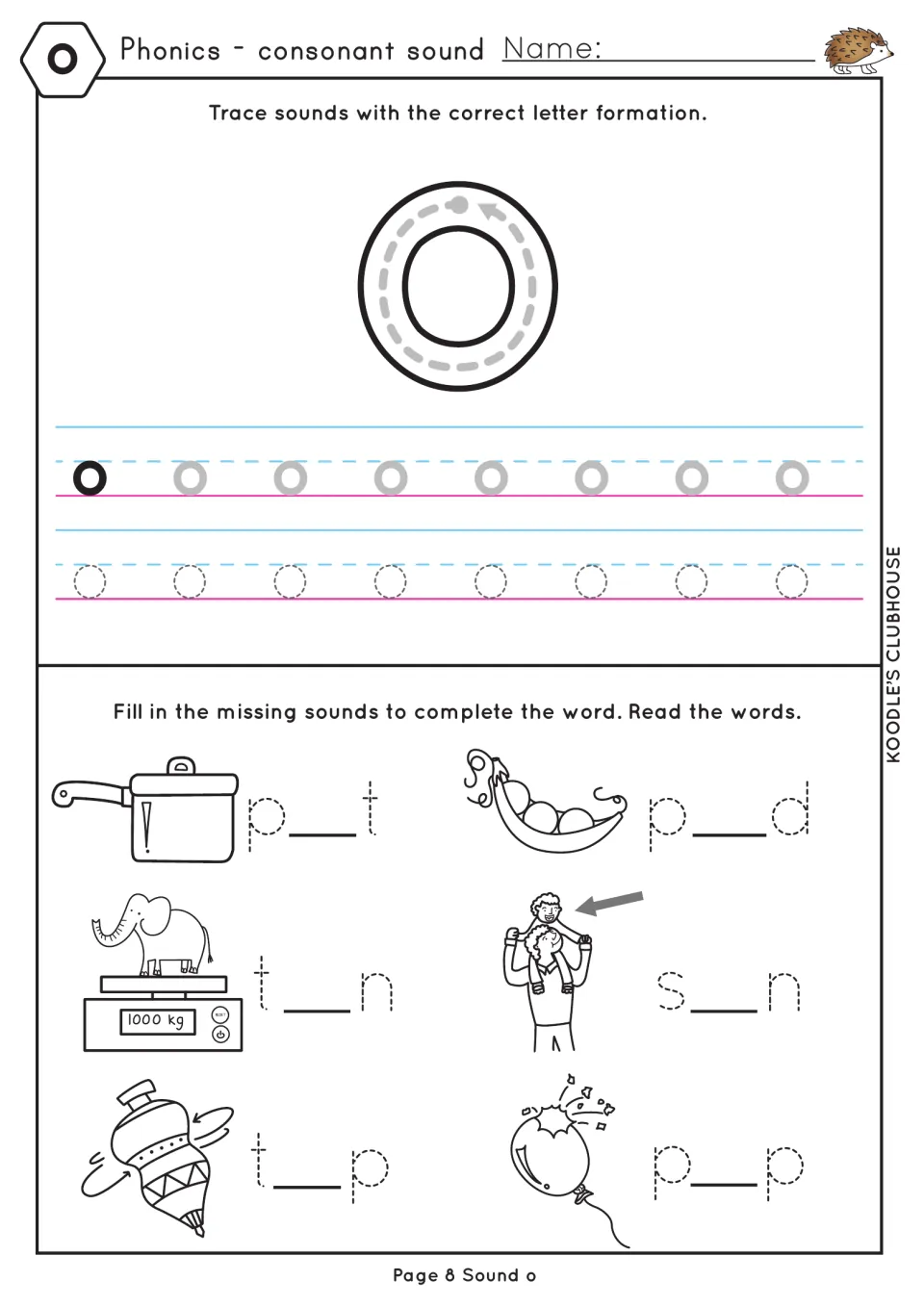 Letter o formation: students trace lowercase o, then add o to spell pot, pod, ton, son, top and pop