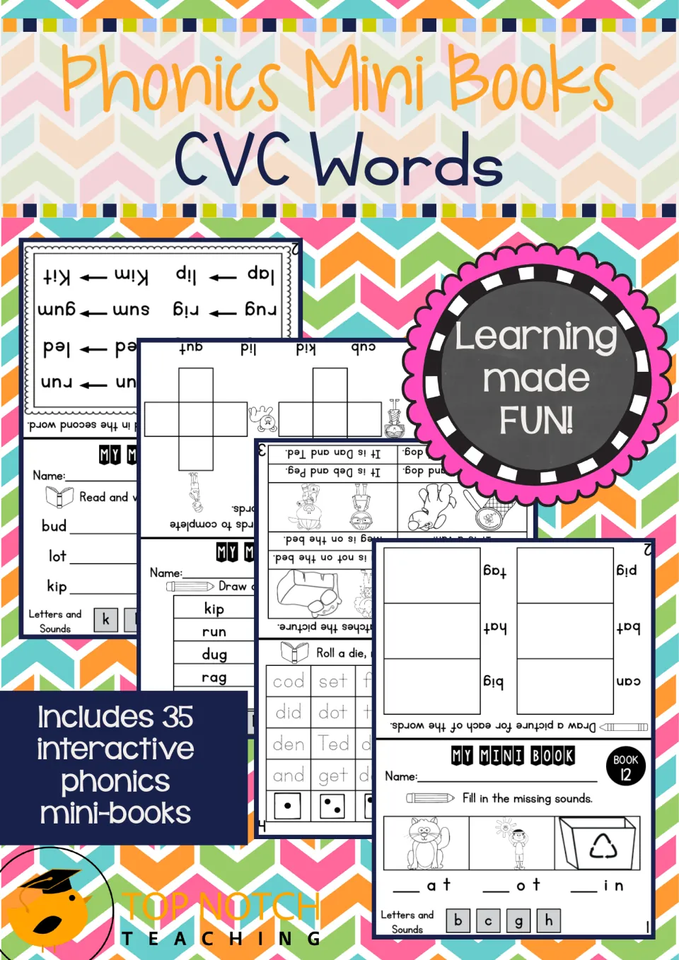 Cover of Phonics Mini Books with CVC Words, identifying 35 interactive mini books and showing activity samples