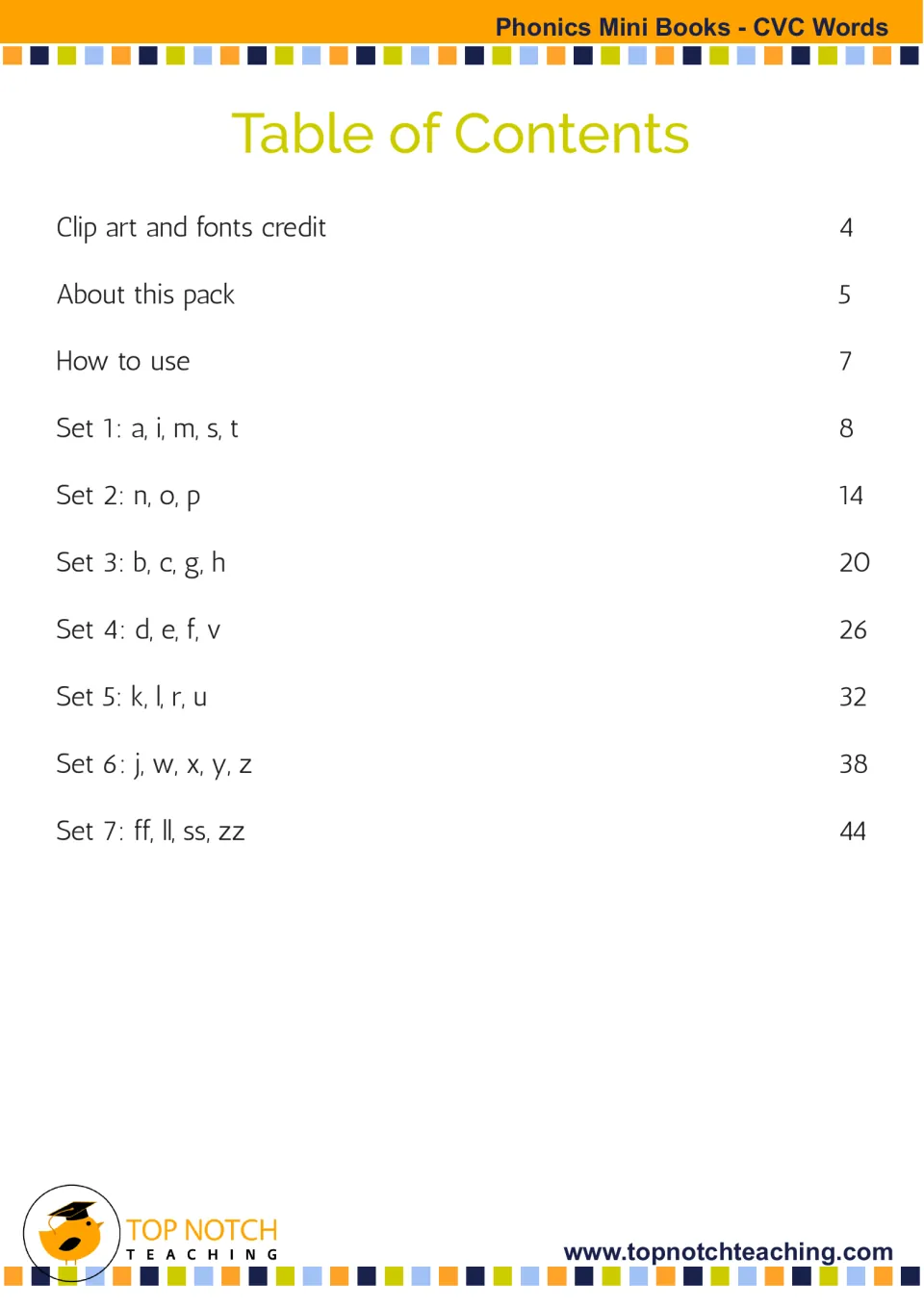 Table of contents for the mini book collection, listing credits, pack information, instructions and seven sets