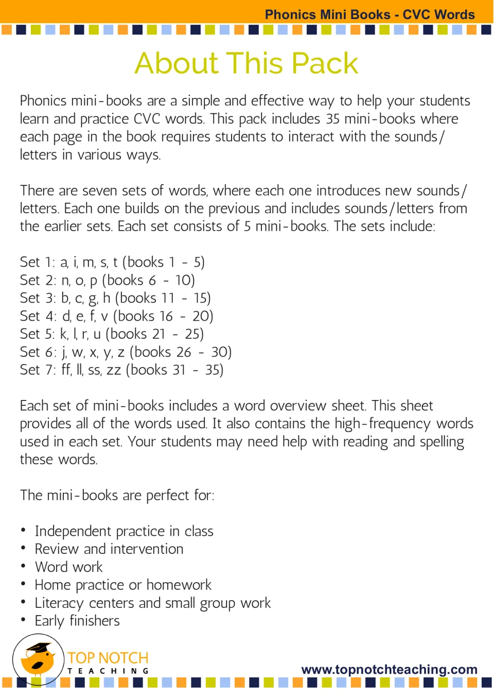 Pack overview explains 35 mini books in seven cumulative sound sets, word overview sheets and classroom uses