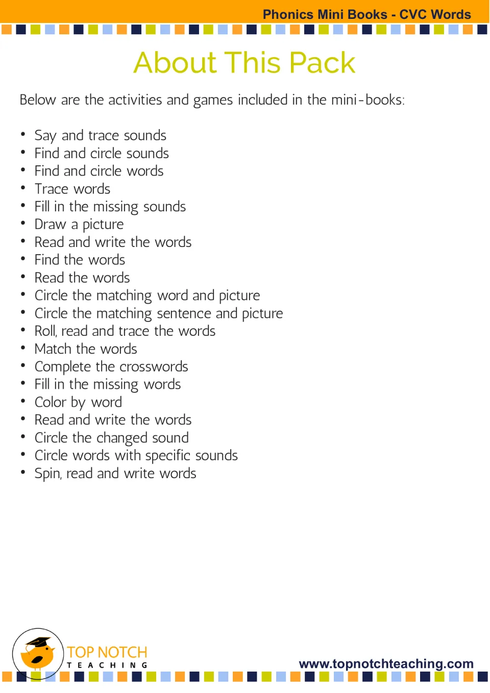 Activity guide lists sound tracing, missing sounds, picture matching, crosswords and games in the mini books