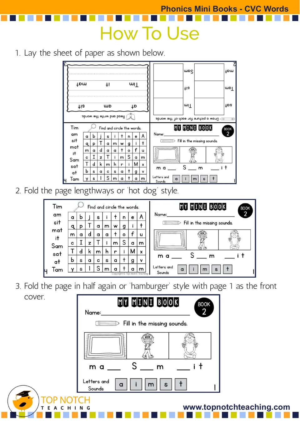 Assembly instructions show how to fold each four-page mini book sheet lengthwise, then in half with page 1 facing out