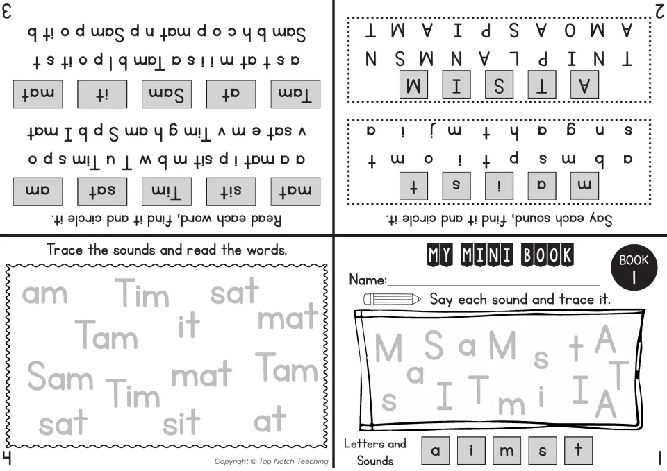 Mini book 1 sheet has four pages for tracing a, i, m, s, t, finding letters and words, and reading am and mat