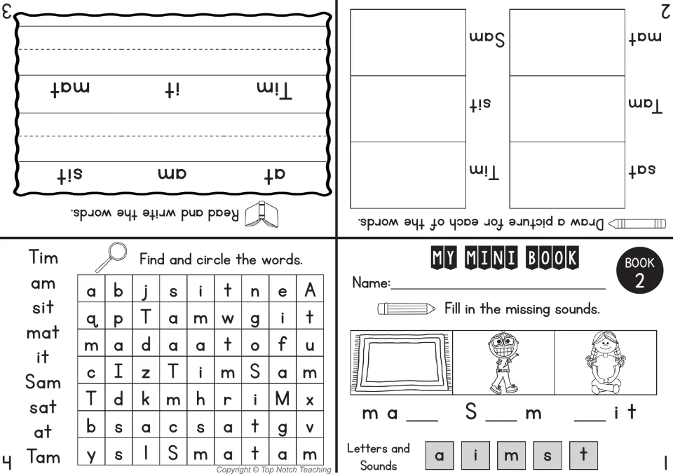 Mini book 2 sheet has four pages for missing sounds in mat, Sam and sit, drawing, writing and a word search